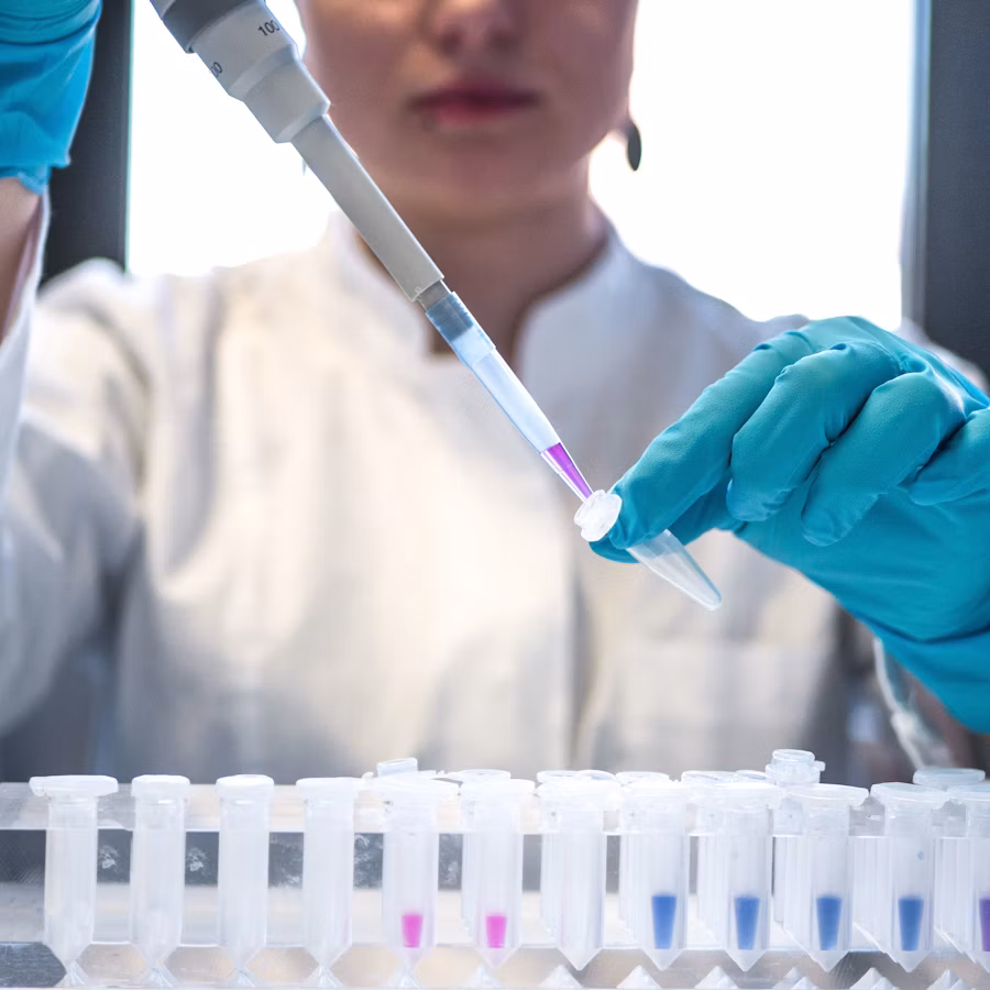 Scientifique pipetant dans une série de tubes